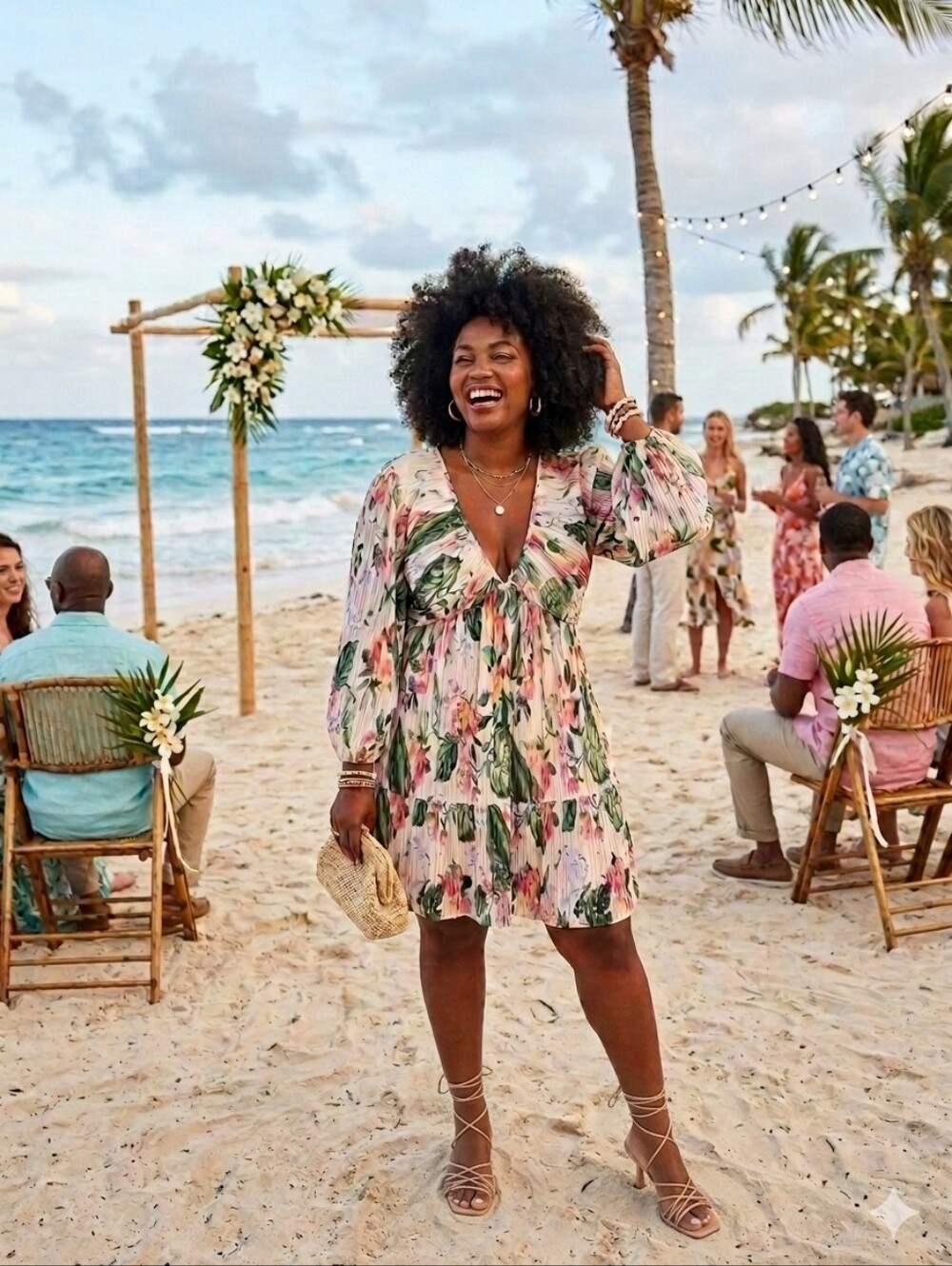 Floral Pleated V-Neck Tunic Dress - Pink & Green